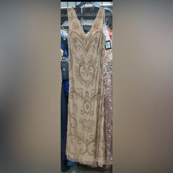 MARINA Beige and Gold Embellished Maxi Dress - Picture 3 of 3
